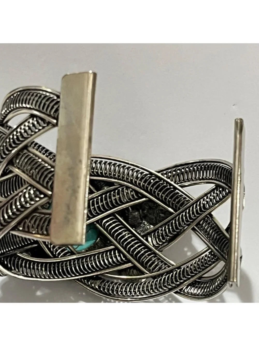 Vintage Silver Tone Cuff Bracelet With Turquoise Stone Floral & Butterfly - Picture 8 of 10